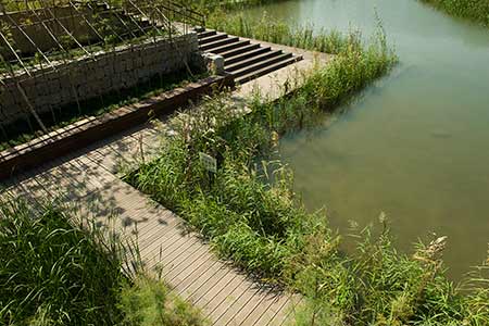 dassoXTR fused bamboo decking used in a walkway along the water at Shanghai Houtan Park