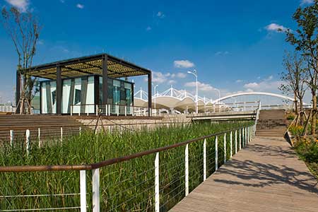 dassoXTR fused bamboo decking used in a walkway at Shanghai Houtan Park