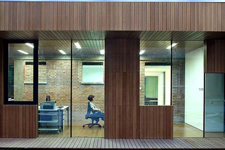 Bamboo decking and siding used on exterior of Swiss Embassy building